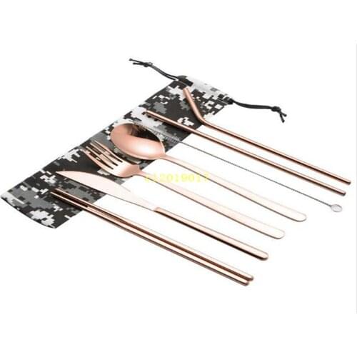 Creative camouflage bag stainless steel portable knife, fork, spoon, straw brush suit outdoor traveling student camping tablewar