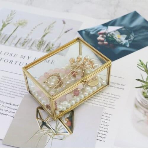 Vintage Minimalist Jewelry Box Golden Metal Frame Clear Glass with Lids Hinge Chains Decorative Storage Box Display Case