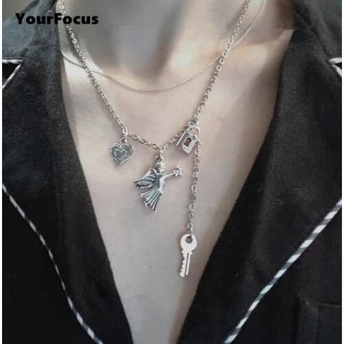 Vintage harajuku lolita open your heart lock Angel choker metal clavicular chain colar cute necklace women and men