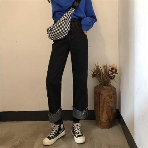 Womens Oversized Loose High Waist Rolled Jeans