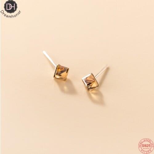 Dreamhonor Geometric Real 925 Sterling Silver Champagne CZ Zircon Stud Earrings For Women Engagement Gifts