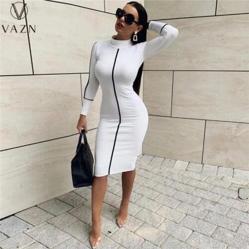 VAZN 2021 Autumn Simple Sexy Overalls Young Free Soft Turtleneck Full Sleeve High Waist Women Thin Pencil Midi Dress