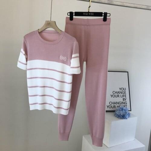 Fashion Casual Knitted 2 Piece Set Women Striped Pullover Sweater Tops + Elastic Waist Pant Suits Tracksuit Women Two Piece Sets