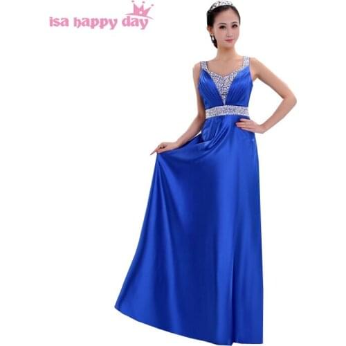 Fuchsia hot pink blue bridemaid long v neck dress from the satin for wedding bridemaids dresses 2020 rhinestone applique H118
