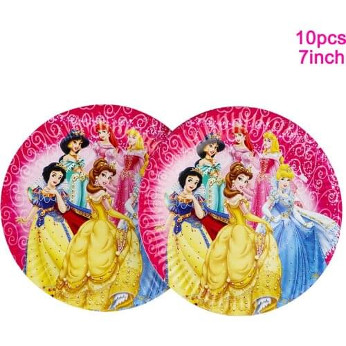 10pcs Disney Six Princess Theme Kids Birthday Party Decoration Paper Plate Dish 7inch Print Round Plates Party Supplies