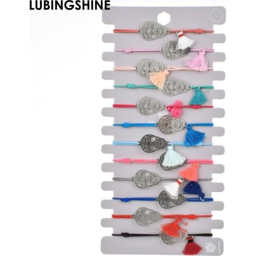 12pcs/Set Handmade Braid Rope Chain Bracelet Set Silver Color Skull Tassel Charms Bracelets for Women Elastic Jewelry