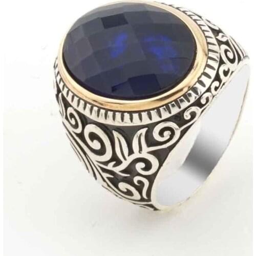 925 sterling Silver Blue Zircon Stone Mens Ring