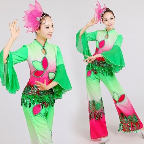 Chinese Folk Dance 2 Pcs Ladies Ancient Chinese National Costume Traditional Chinese Yangko Dance Costumes Classic Stage