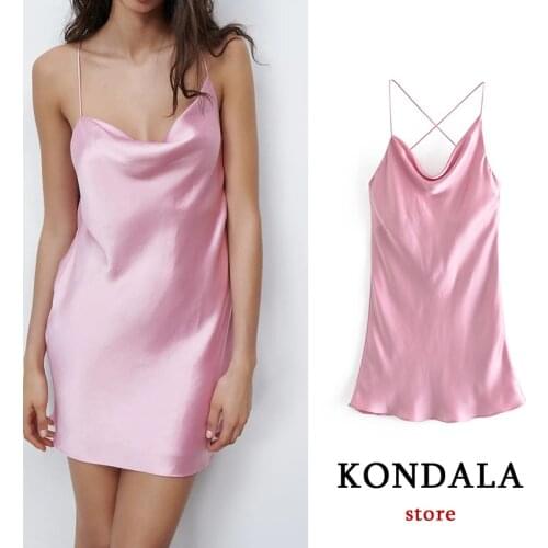 KONDALA Za Women Stain Sexy Party Mini Dress Sleeveless Pink Cami Dresses Female Elegant Sexy Mujer Vestidos