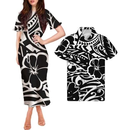 HYCOOL 2021 Fashion Women Black Long Bodycon Dress Polynesian Tribal Hibiscus Print Couple Matching Clothing Plus Size Men Shirt