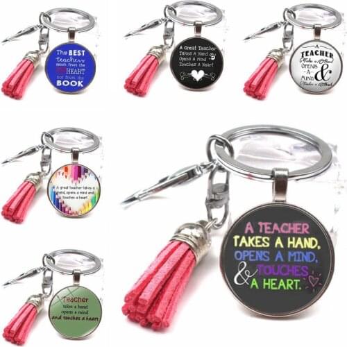Fashion Thanks Teacher Text Keychain Cute Multicolor Tassel Keychain DIY Crystal Glass Dome Keychain Teachers Day Creative Gift