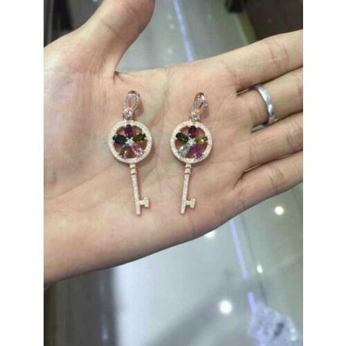 Natural multicolor tourmaline pendant S925 silver Natural Gemstone Pendant Necklace Elegant Delicate Round key for girlfriend