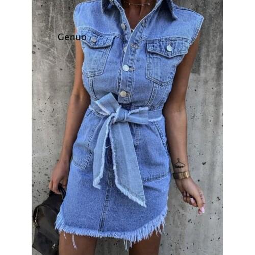 2021 New Summer Sleeveless Belted Women Denim Dress Retro College Style Jeans Dress Fashion Street Casual Clothes S-XL