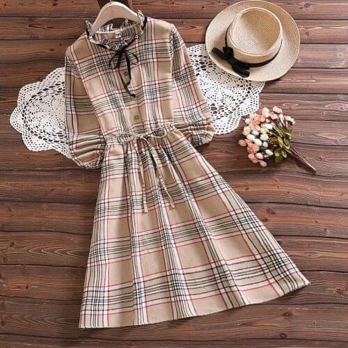 2021 autumn dress ladies polo collar regular sleeve mid-length dress lace casual bowknot plaid dress ladies