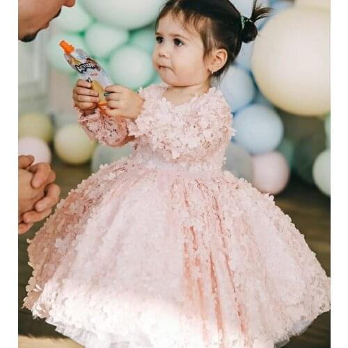 Toddler Girls Dress Pink Floral Lace Girls Birthday Party Dress Long Sleeve Ball Gown Clothes Photography Props