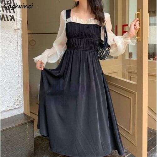 Long Sleeve Dress Women Elegant Retro Flare Sleeve Ruffles Patchwork Lace Up Fashion Gentle Vestidos Princess Cute Sweet Pleated