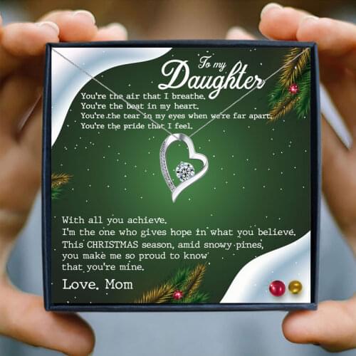 Luxury Crystal Hollow Heart Pendant Necklaces for Women Girls with Wishing Card Family Jewelry Gift to My Daughter From Mom