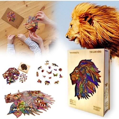 Unique Lion Wooden Animal Puzzle for Adults Children 3D Wood DIY Crafts Animal Shaped Educational Jigsaw Toys Exquisite Gifts