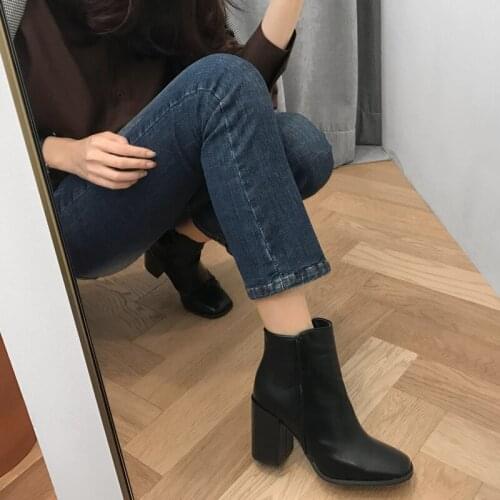 All-match Black Womens Boots Leather / Suede Square Toe Thick Heel High Heels Zipper Short Boots Women Size 33-42