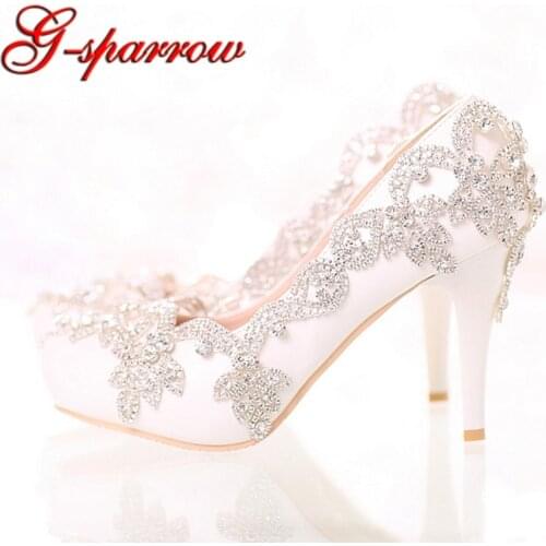Exquisite Rhinestone Bridal Shoes Pointed Toe and Round Toe Platform White Color Wedding Shoes with Silver Rhinestone Prom Pumps