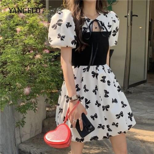 Yangelo French Retro Bow Print Dress Women Summer Autumn Short Sleeved Mini Dress Street Fashion Casual Party Dress Female