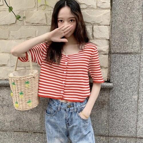 DAXIN Women Striped Short Sleeve Slim Knitted Summer Short Sleeve Korean Style Ladies Sweet O neck Tee Shir