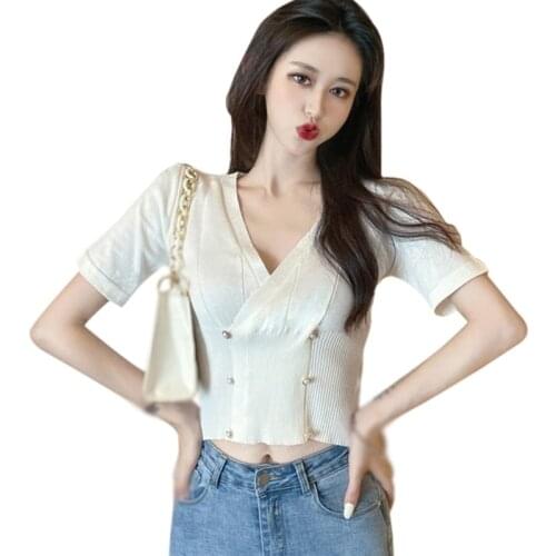 Summer New Womens Fashion Net Red Short V-neck Waist Slimming Knit Short-sleeved T-shirt Top