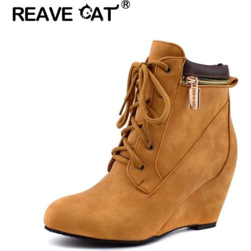 REAVE CAT Brown wedge Shoes Woman ankle boots cross-tied gladiator round toe winter autumn increasing height footwear big size