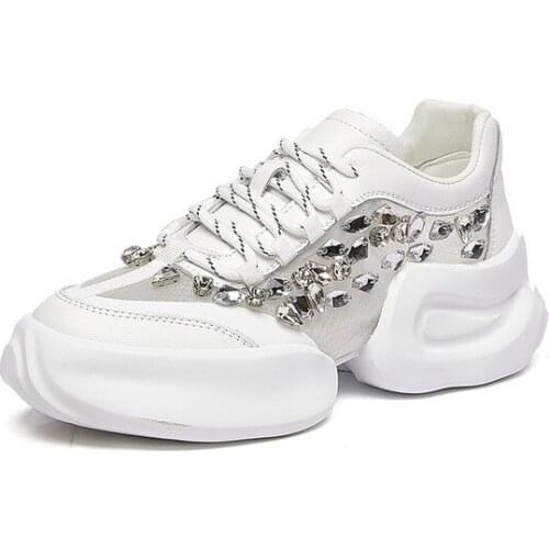 Womens Mesh Rhinestones Sneakers Lace Up Summer Breathable Shoes Platform High Heel White Girls New 2021