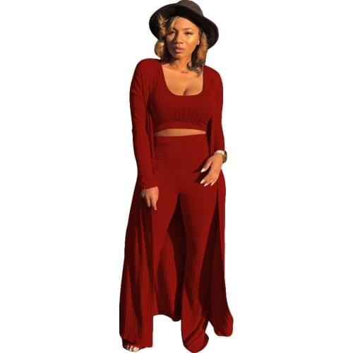 Long Sleeve Red Women 3 Piece Set Casual Vest +Coats With Pants Three Piece Set Ribbed Skinny Sexy Nightclub Clothing Ladies