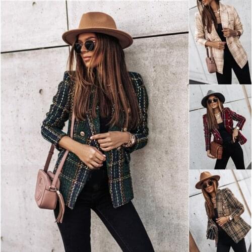 Womens Autumn Jacket Long Sleeve Double Breasted Plaid Blazer Fashion and Elegant Office Ladies Blazer Printed Lapel Coat