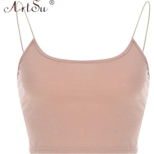 ArtSu 2020 Women Sexy Crop Tops Solid Summer Camis U-Neck Cotton Skinny Tank Top Vest Lady Khaki Black White Camisole Streetwear