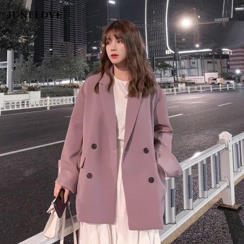 Women Suit Female Vintage 2021 Autumn Double Breasted Purple Women Blazer Jacket Elegant Pockets Female Outerwear Office Lady