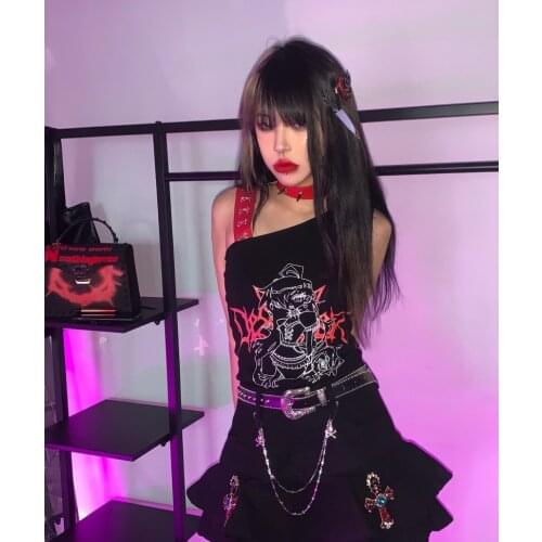 Original Design Black Red Slant Shoulder One Strap Vest Retro Anime Print Y2K Hot Girl Gothic Punk Rock Spaghetti Tank Top Femme