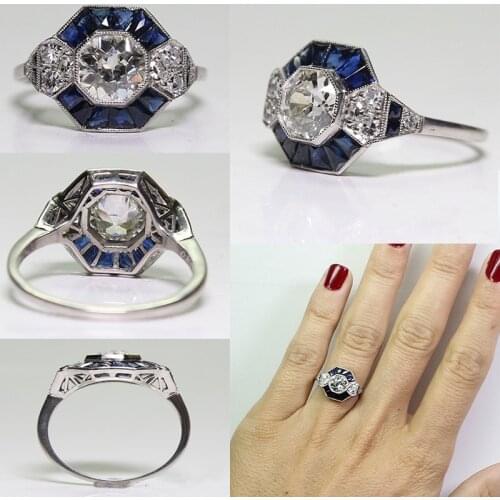 Milangirl Ladies Blue/White Zircon Rhinestones Ring for Women Accessories Anniversary Engagement Ring Gift Vintage Women Ring