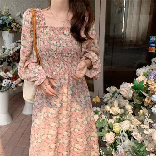 Woman Dress 2021 Korean Fashion Elegant Print Wild Floral Square Collar Fold Design Chiffon Long Sleeve Sweet Dresses Vestidos
