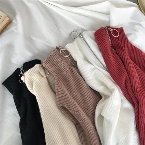 Women Clothes 2021 Korean Fashion Knitted Women Zipper Slim Sweater Pullovers Half High Collar Fall And Winter Basic Sweaters