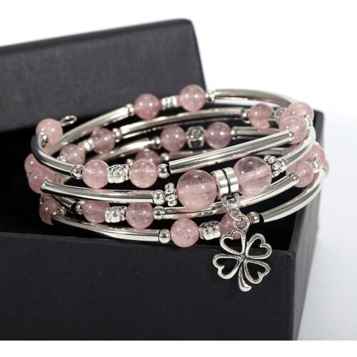 Women Natural Stone Bracelet Multilayer Copper Tube Wrap Pink Quartz Purple Crystal Beads Bracelet Lucky Clover Wish Bracelets
