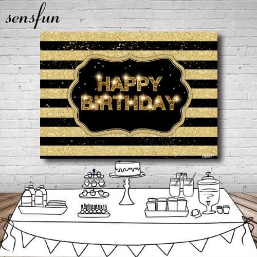 Sensfun Adult Birthday Party Photography Backgrounds Black Gold Glitter Striped Backdrops For Photo Studio Custom Photocall
