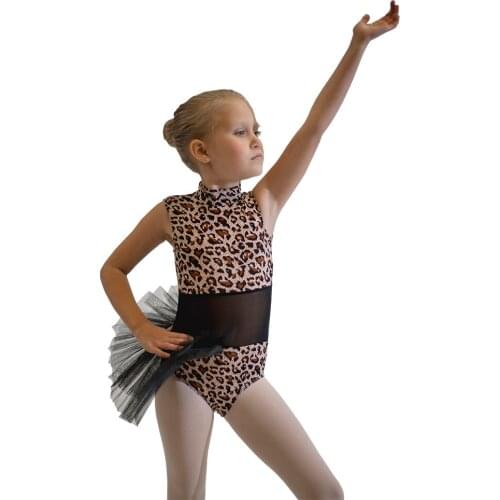Children Jazz Dance Costume Leopard Print Lycra Stretchy Bodice with Mesh Insert Stiffy Tulle Skirt at Side