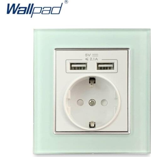 EU Socket With 2 Usb Socket Port Charger 5V 2100mA Green Glass Panel Wallpad Luxury Wall Double USB Electric Power Outlet