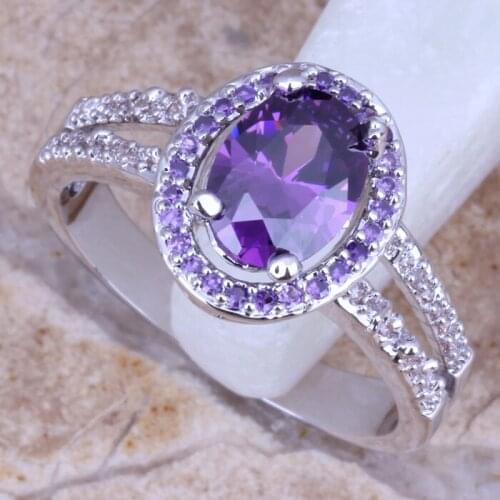 Purple Cubic Zirconia White CZ Silver Plated Ring Size 6 / 7 / 8 / 9 D100B