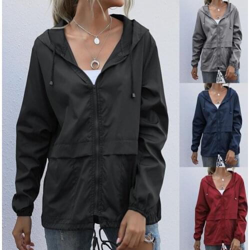 Women’s Jackets Solid Zipper Closure Hooded Jacket Thin Long Sleeve Windproof Coat Hooded Drawstring Female Clothing Plus Size
