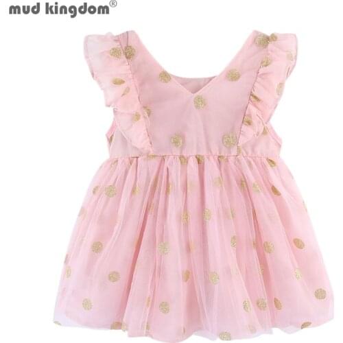 Mudkingdom Summer Ruffle Baby Girl Dress Sparkle Tulle with Golden Dot Kids Clothes Knee Length Princess Dresses Girls Clothing