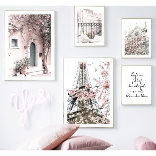 Pink Paris Tower Building Door Flower Wall Art Canvas Painting Nordic Posters And Prints Wall Pictures For Living Room Decor