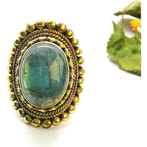 Natural Labradorite Rings for Man Golden Brass inlaid Natural Stone Big Oval Ring R231