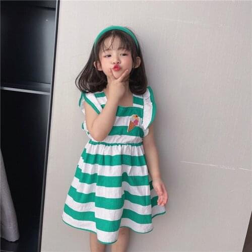 Korean Style Baby Girls Clothing 2021 Summer Kids Girls Princess Green Striped Ice Cream Print Flying Sleeve Dresses