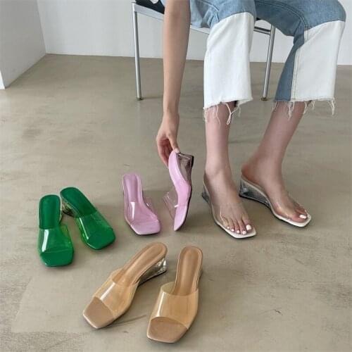2021 Shallow Wedge Women Slippers Transparent Peep Toe Ladies Sandal Summer Outdoor Beach Slides Female Shoes Fashion Flip Flop