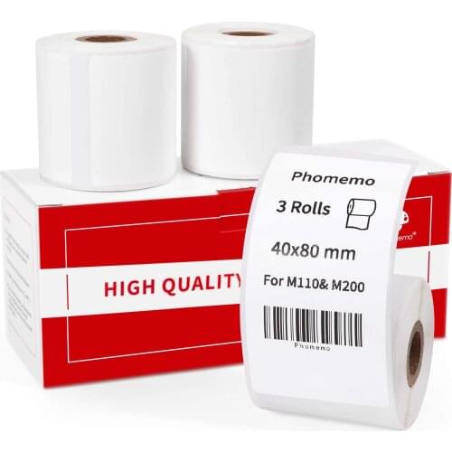 Phomemo 3 Rolls M110/M200 Thermal Paper Black on White 40x80mm Multi-Purpose Square Self-Adhesive Label 100 Labels/Roll