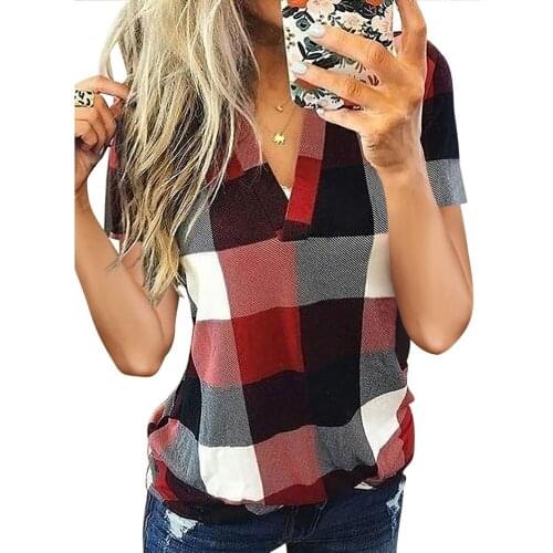Green Plaid Pattern V Neck Short Sleeve Top Women Summer Casual Plus Size S-2XL T Shirt Tops